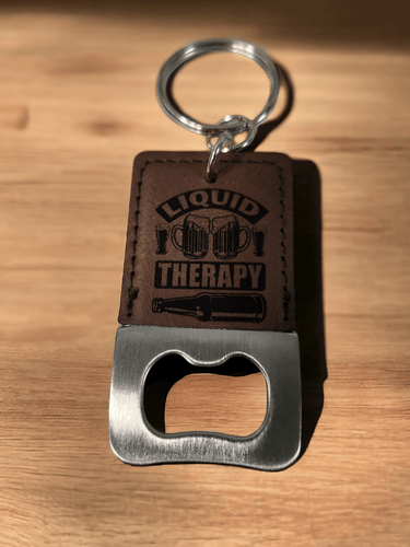 Liquid Therapy Bottle Opener Keychain - Engraved Leatherette Design - Keychain - Charm and Char